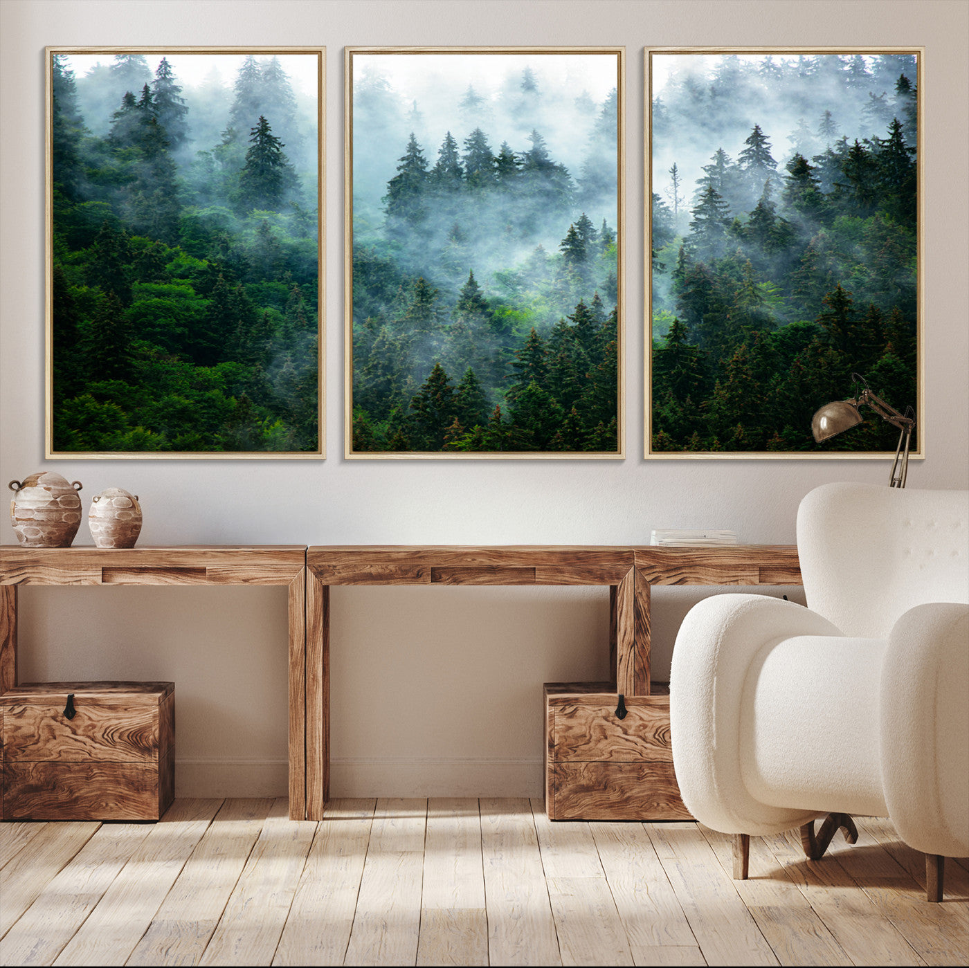 A captivating view of a dense pine forest blanketed in drifting fog, evoking a mystical and tranquil atmosphere.