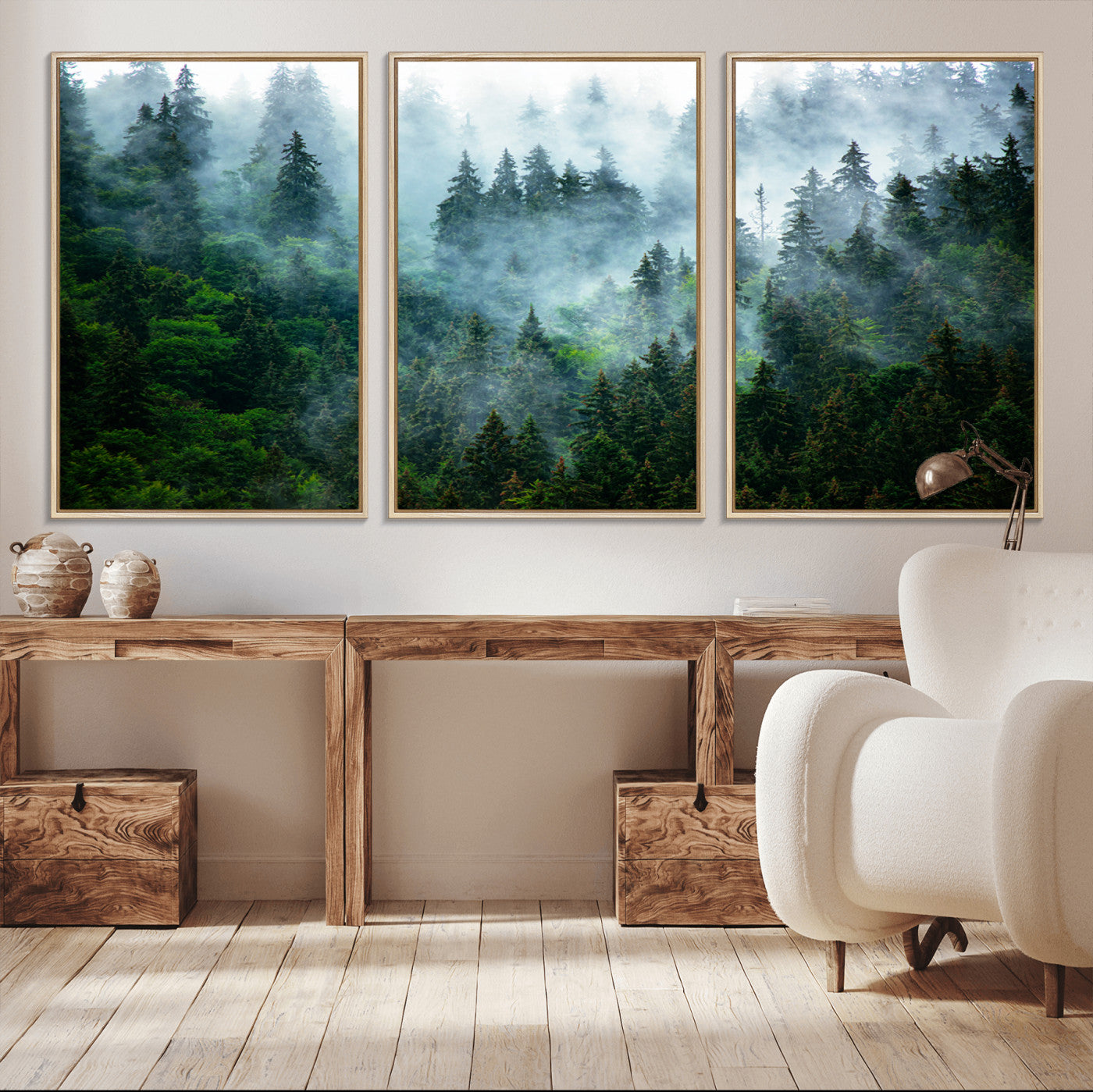 17393683-MGV-CV-36X24-Misty Forest Wall Art Canvas Print – Framed Foggy Mountain Scene with Serene Nature Artwork for Home, Office, Living Room