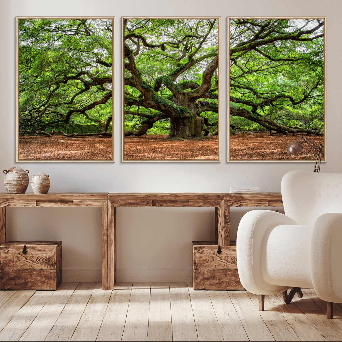 51255351-MGV-CV-48X32-3P-Majestic Oak Tree Wall Art Canvas Print – Ancient Branches and Lush Greenery Nature Landscape for Home, Office