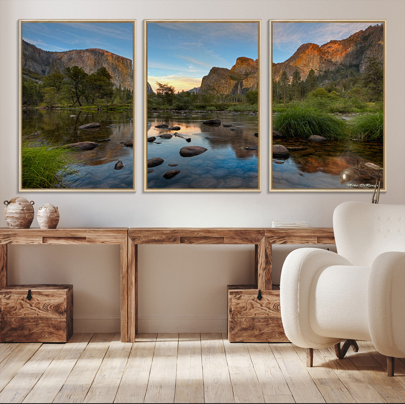 Canvas of Yosemite Valley with El Capitan and sunset reflections in a calm river, perfect for rustic or nature-themed décor.