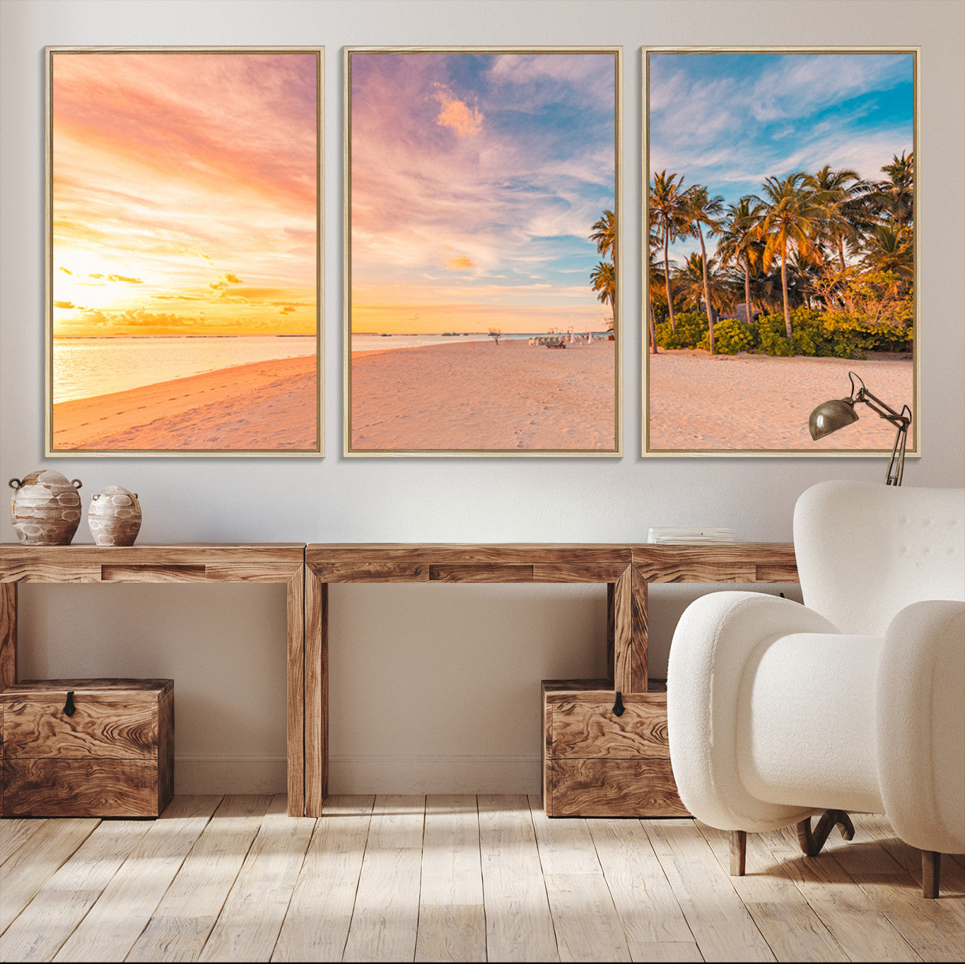 Tropical beach canvas with palm trees and soft sunset tones, ideal for coastal or beach-style home décor in warm pastel hues.