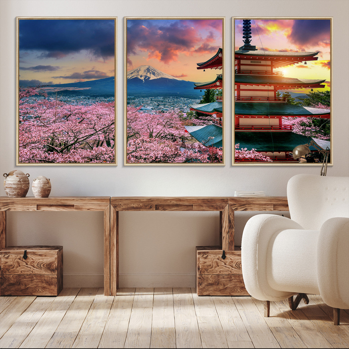 32331262-MGV-CV-48X32-3P-Mount Fuji Cherry Blossom Wall Art Canvas Print – Framed Pagoda Sunset Japan Landscape for Home, Office