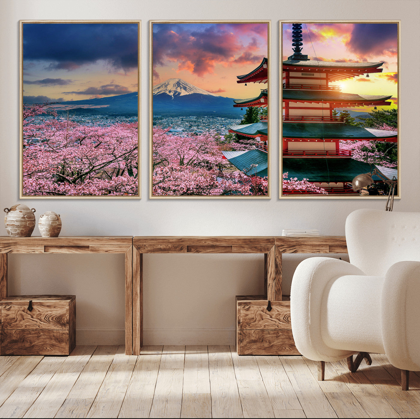 MGV-FC-60X30-3P - Mount Fuji & Cherry Blossom Wall Art Canvas Print – Iconic Japanese Landscape, Sakura Pagoda Sunset,