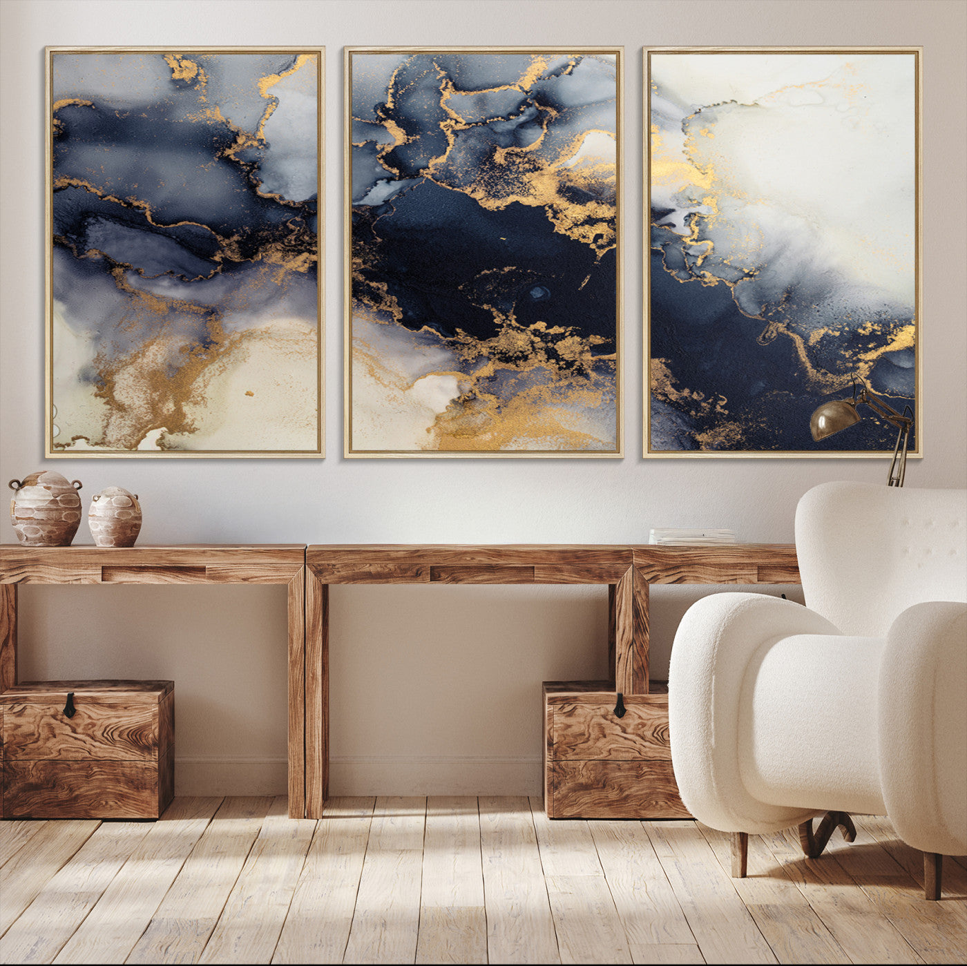 Luxurious abstract canvas in black and gold with moody fluid textures and smoky patterns, perfect for dramatic modern interiors.