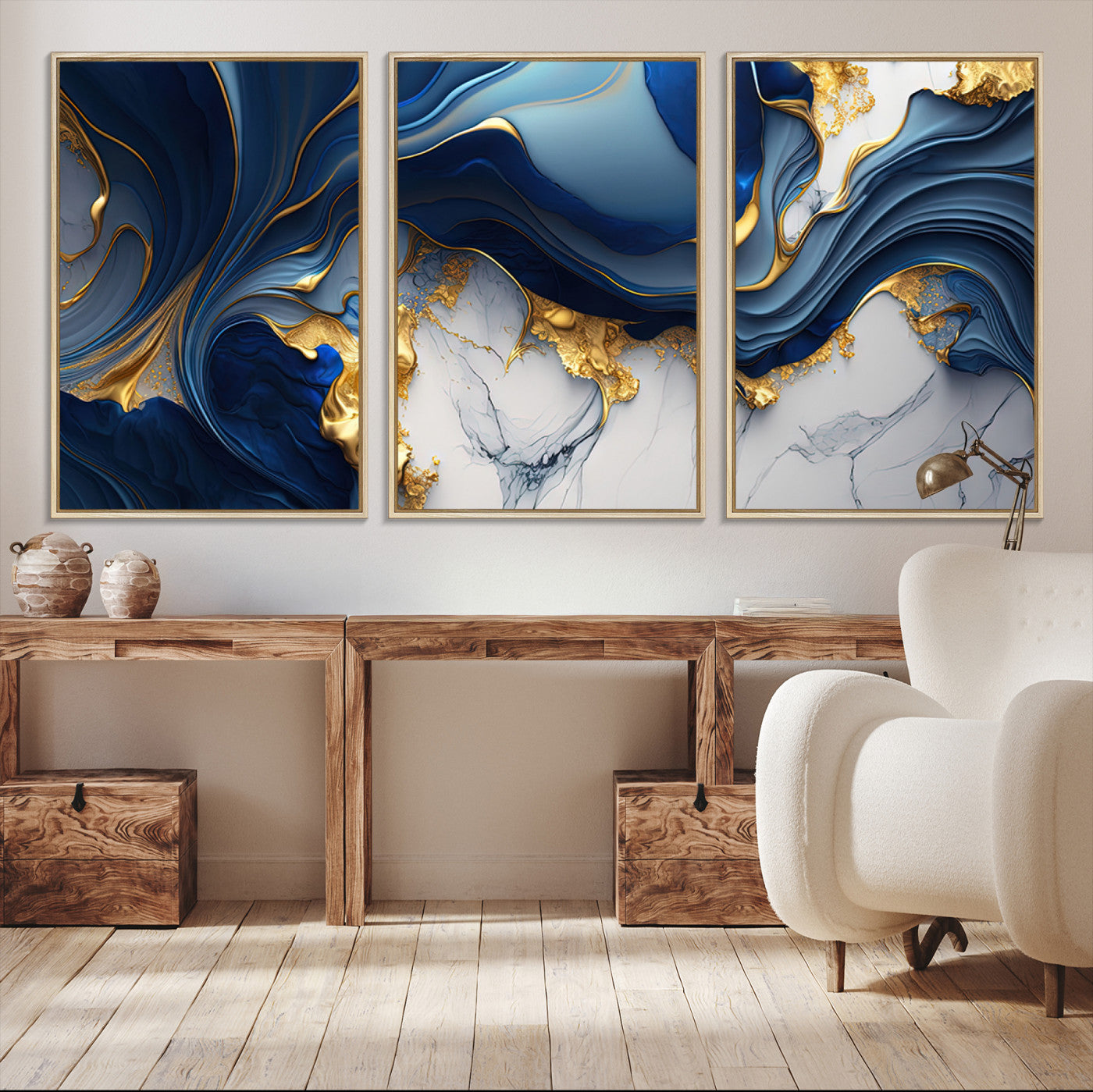 Canvas art with swirling blue marble and gold textures, ideal for elegant glam or modern luxury interior design settings.