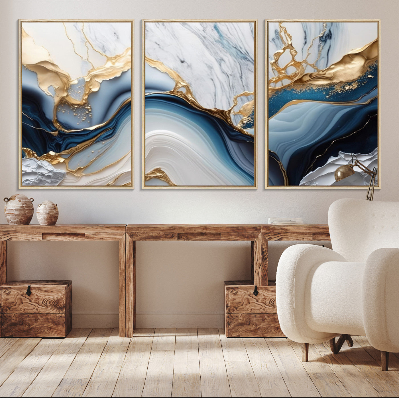 Abstract canvas with blue marble textures and flowing gold veins, ideal for modern luxury or coastal-inspired interior decor.