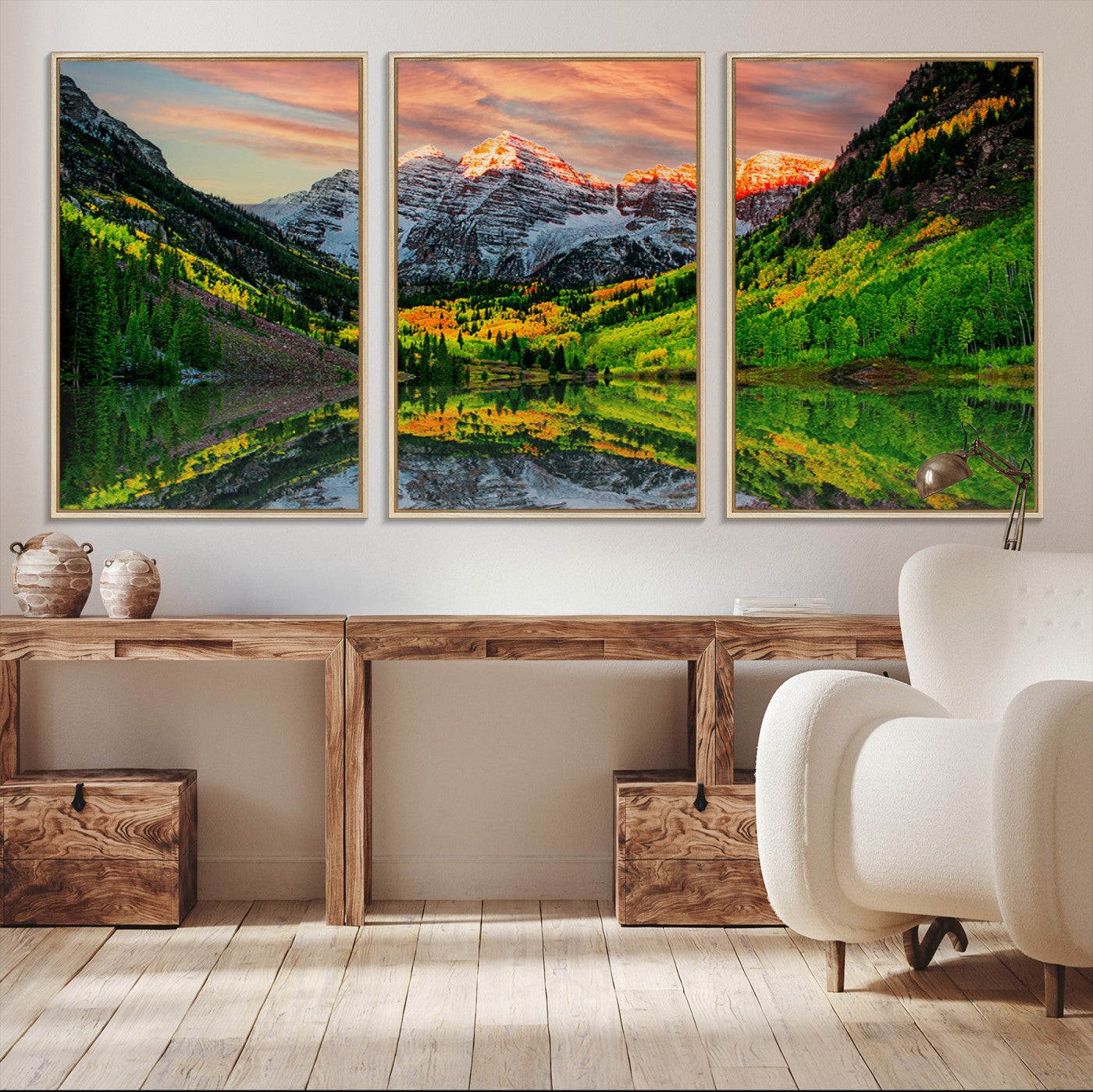 59533484-MGV-CV-48X32-3P-Wall Art Canvas Print – Sunset Glow Mountain Peaks Vibrant Green Forest Reflective Lake Calm Waters for Home, Office