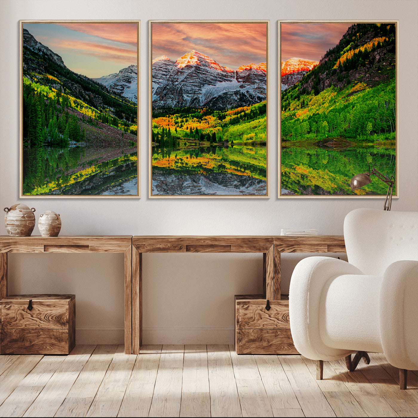 59533484-MGV-CV-36X24-Maroon Bells Lake Wall Art Canvas Print – Framed Majestic Colorado Mountain Scene with Autumn Reflection Artwork for Home, Office