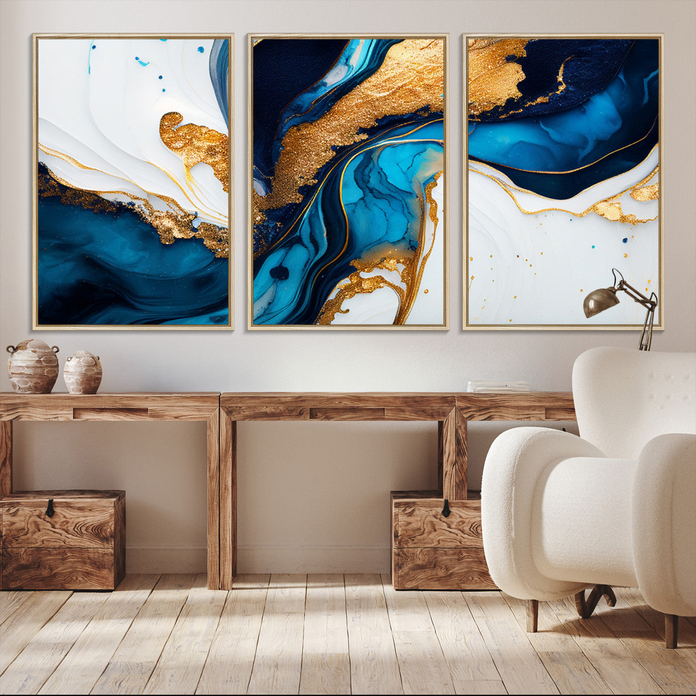 Luxurious abstract canvas in gold, navy, and teal tones with fluid marble patterns, perfect for modern glam or upscale interiors.
