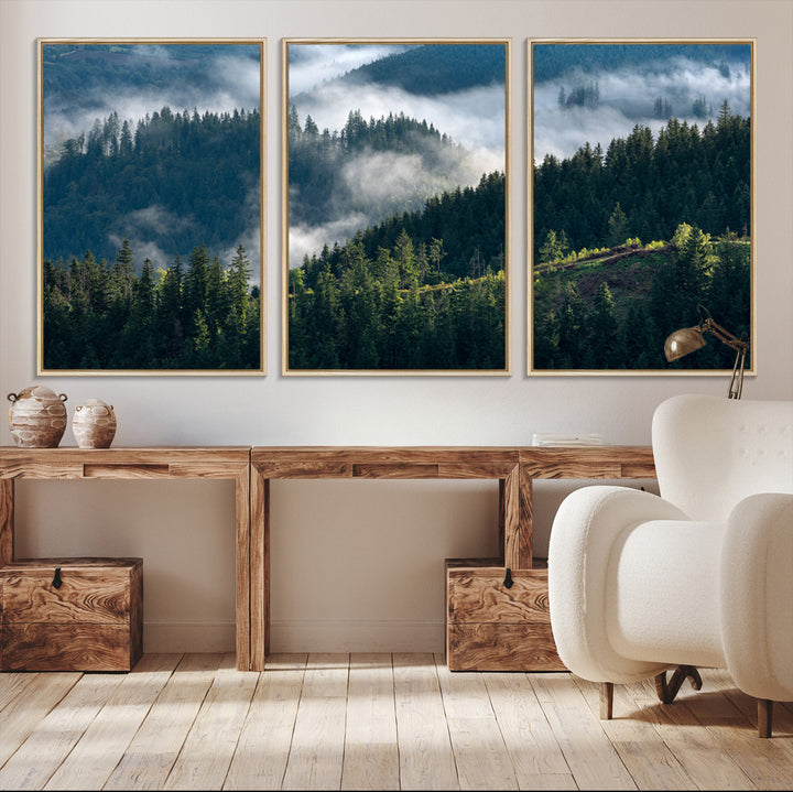 Moody canvas of misty pine forests over layered hills, perfect for cool-toned nature-inspired or woodland-style home decor.