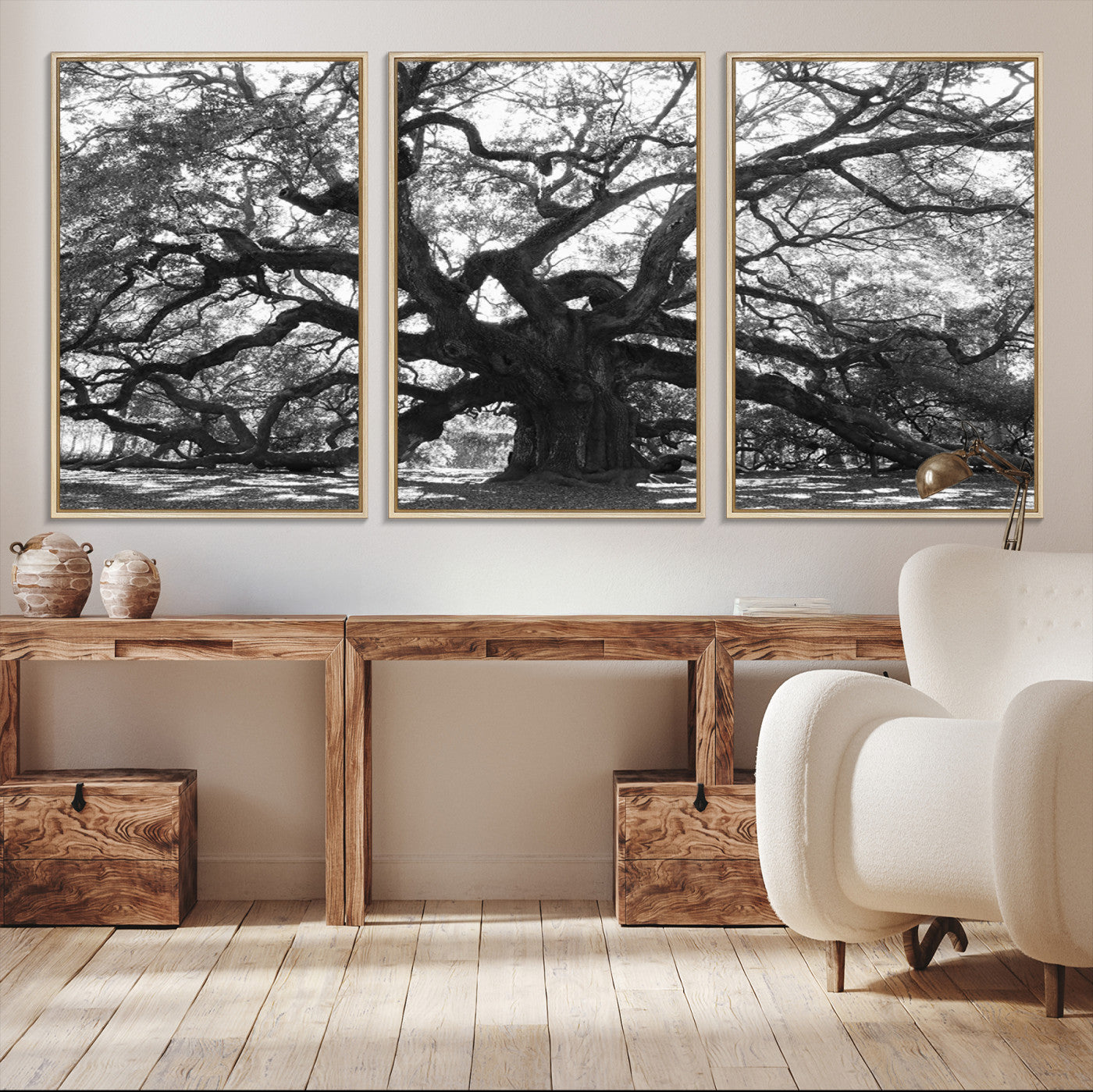 Black and white canvas of an ancient oak tree with sprawling, twisted branches, ideal for moody nature-inspired or rustic decor.