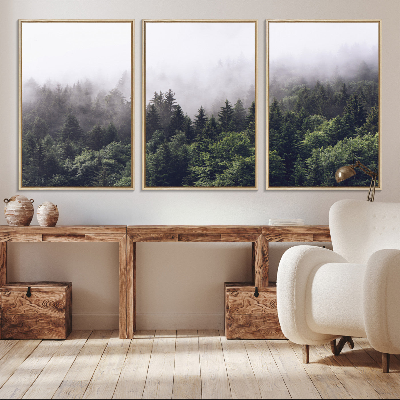 Canvas of dense misty forest in dark green tones, ideal for moody forest or atmospheric woodland-themed home decor.