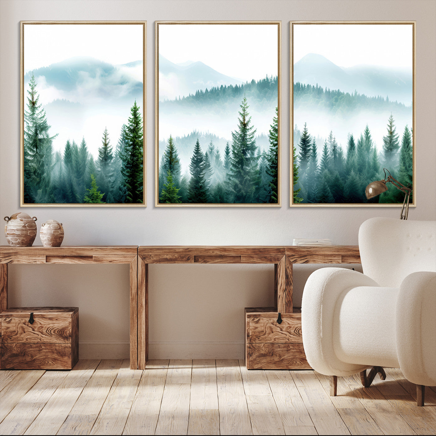 16716676-MGV-CV-36X24-Pine Forest Wall Art Canvas Print – Misty Mountains Foggy Trees Serene Woodland Nature Artwork for Home Office