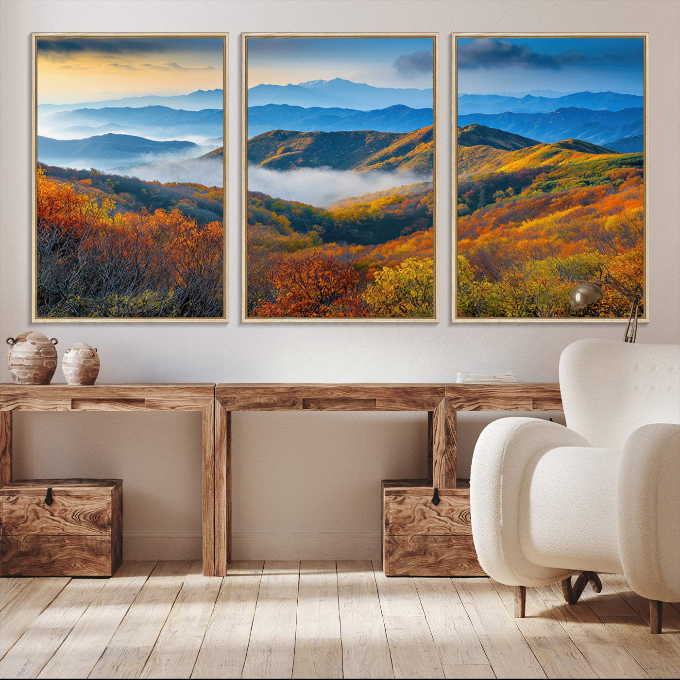 86772247-MGV-CV-48X32-3P-Autumn Mountains Wall Art, Vibrant Fall Foliage Landscape Canvas Print, Framed Hills Artwork for Home, Office