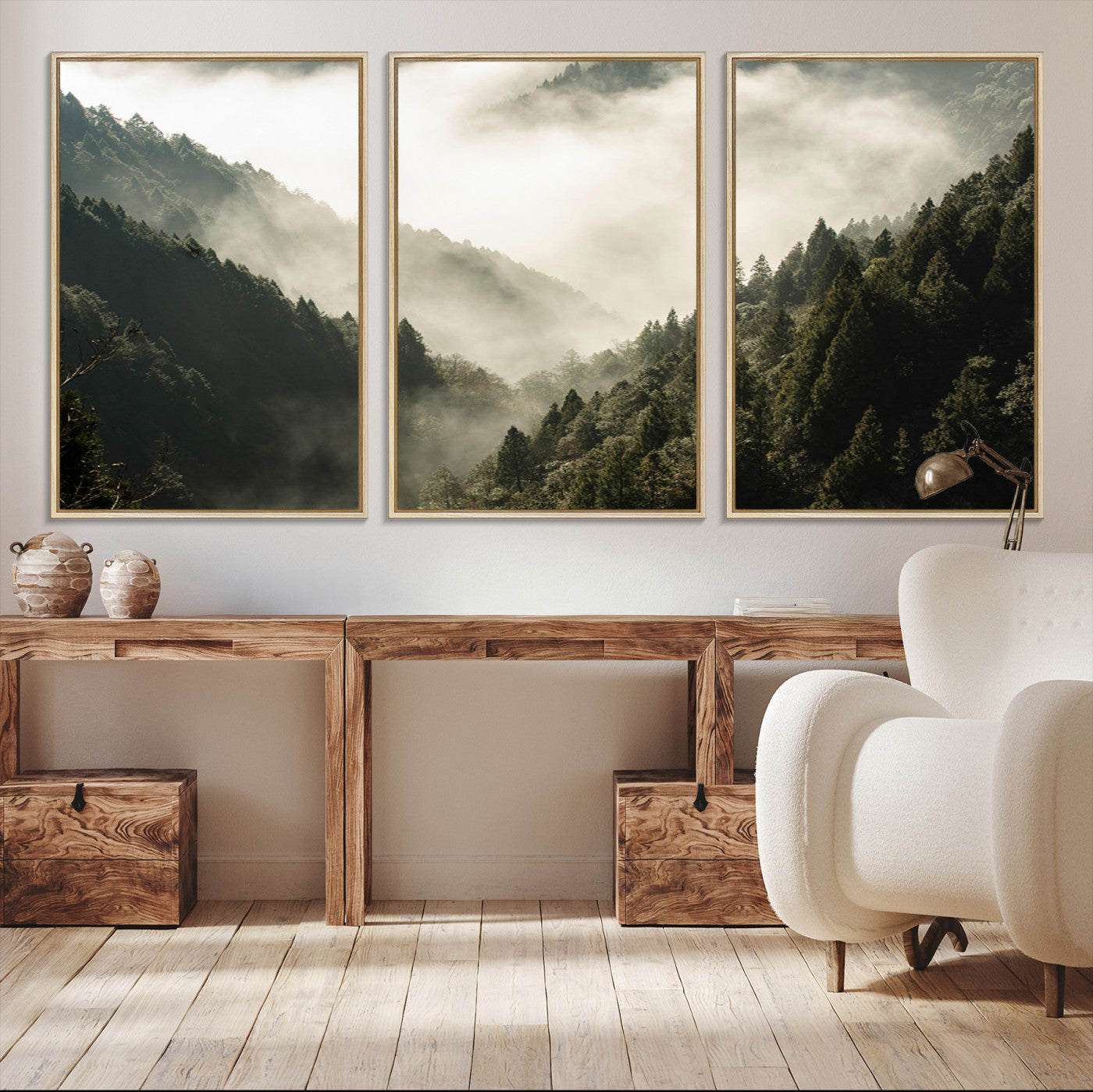 Canvas showing a misty pine forest valley with layered green hills and soft fog, perfect for moody or nature-themed decor styles.