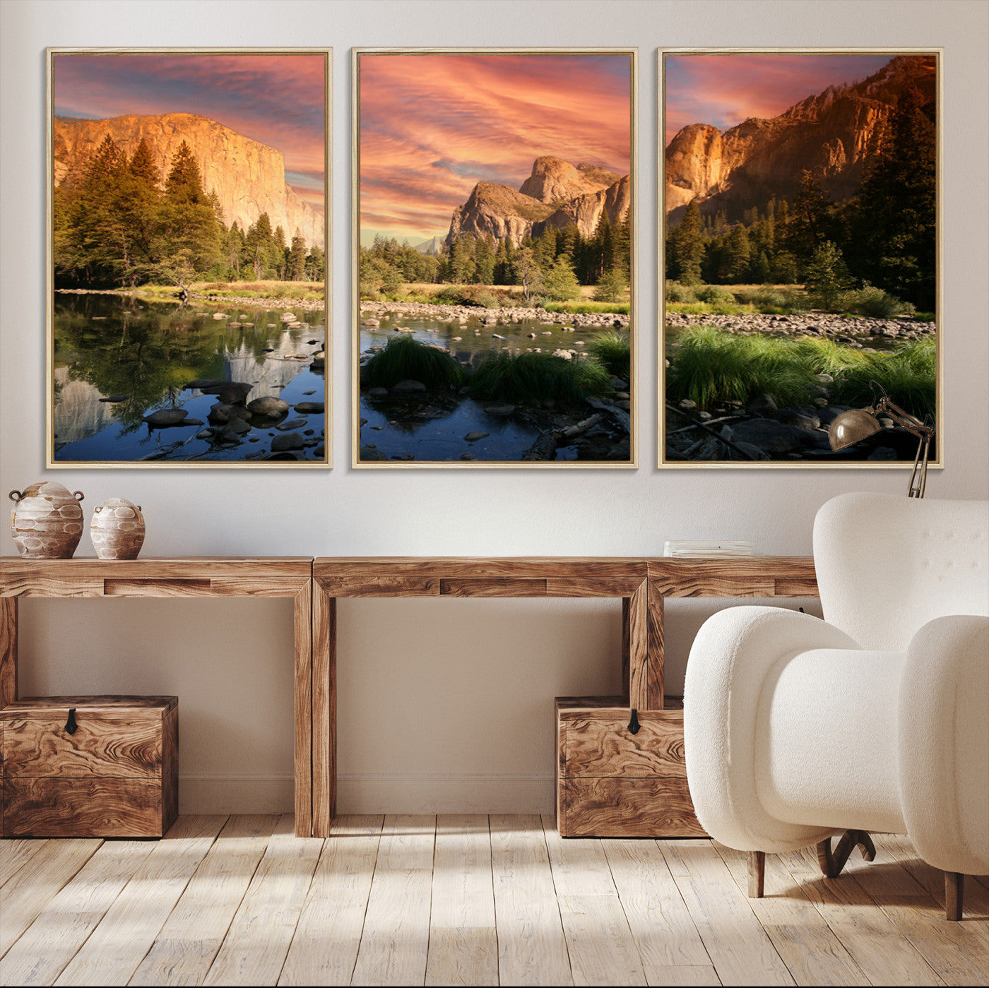 Canvas of Yosemite Valley with El Capitan and sunset sky, featuring vibrant tones ideal for rustic or nature-inspired home decor.