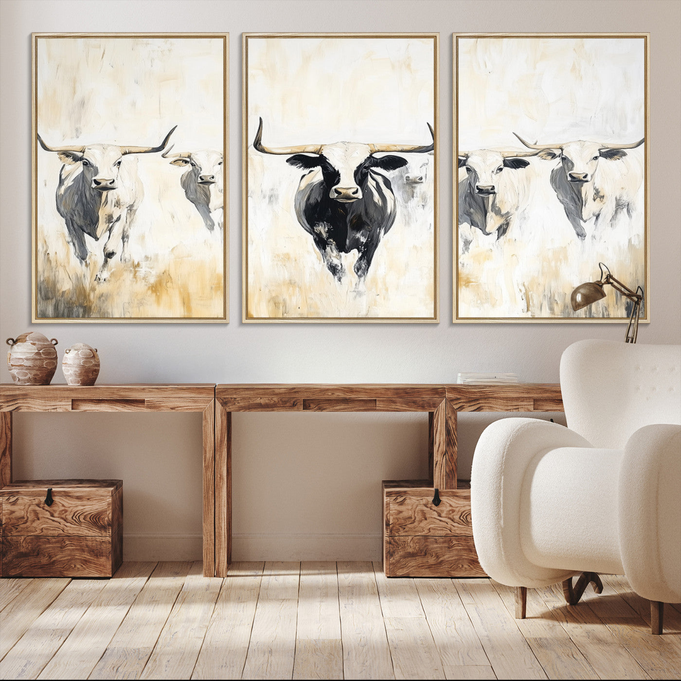 40397799-MGV-CV-36X24-Texas Longhorn Wall Art Canvas Print – Rustic Western Bull Herd Neutral Tones Country Ranch Artwork for Home Office