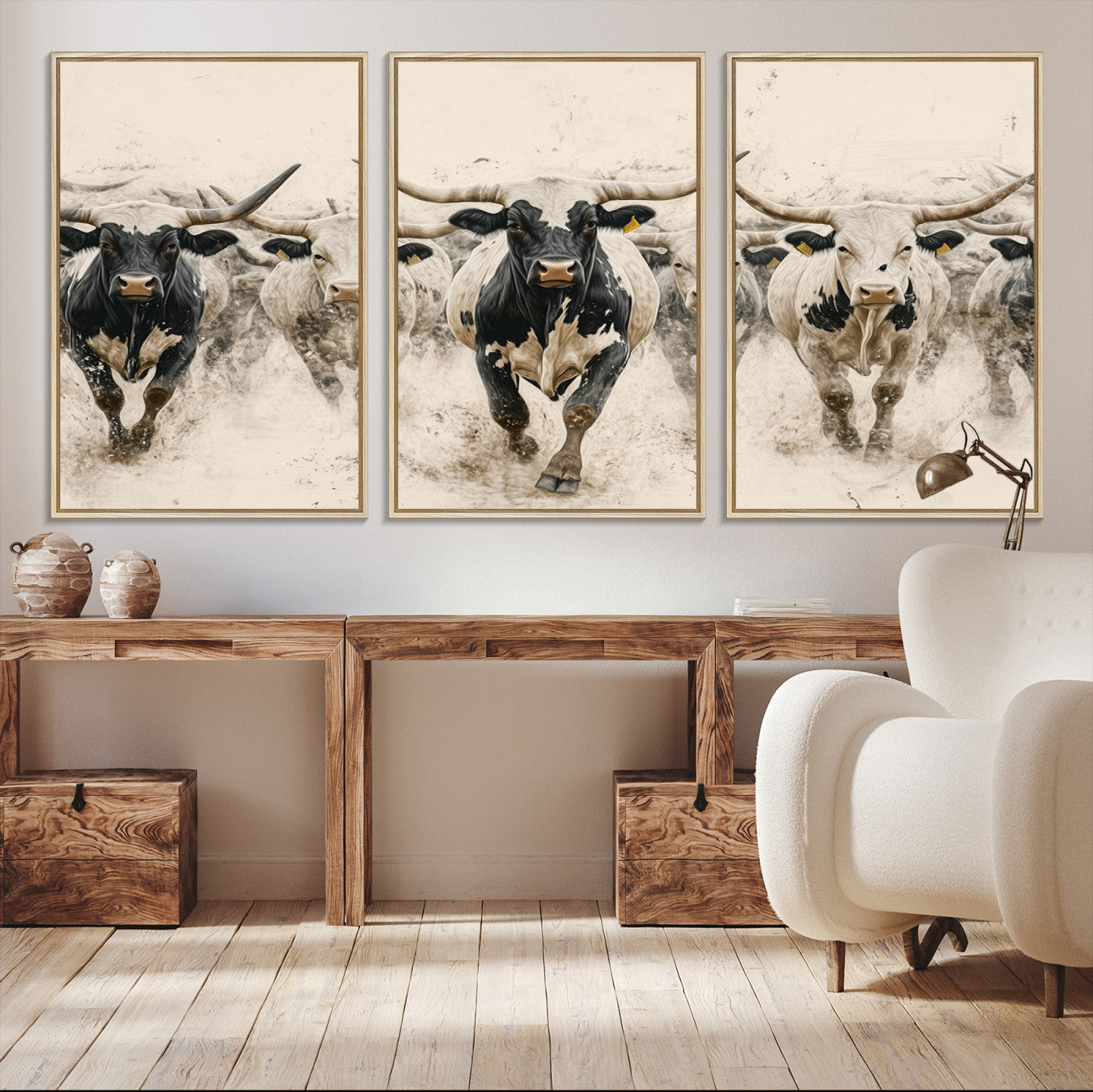 Canvas artwork of Texas Longhorn bulls walking in a dusty herd, ideal for rustic Western or country-style interior decor.