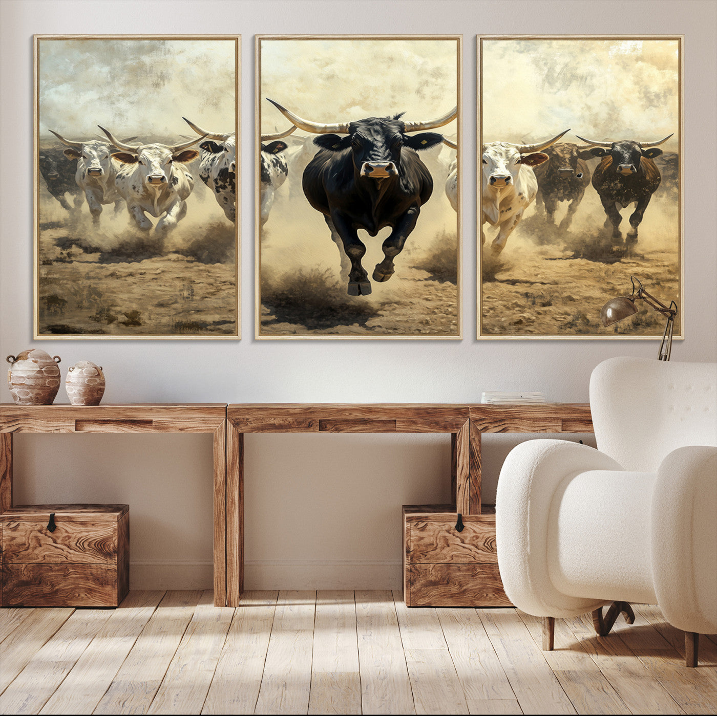 Dynamic canvas showing a Texas Longhorn stampede with earthy tones and bold movement, perfect for rustic or Western-style interiors.