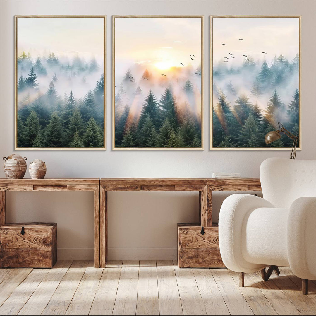 Misty Pine Forest Wall Art: A depiction of sunrise over foggy trees and birds against a bright sky; a framed woodland scene ideal for home or office decor.