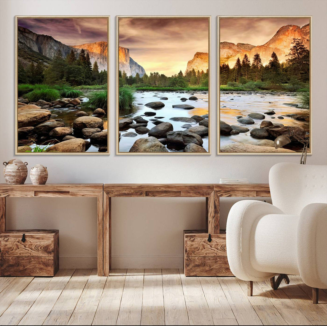 A tranquil riverside sunset mirrors the beauty of a Yosemite wall art masterpiece like the Large El Capitan Print.