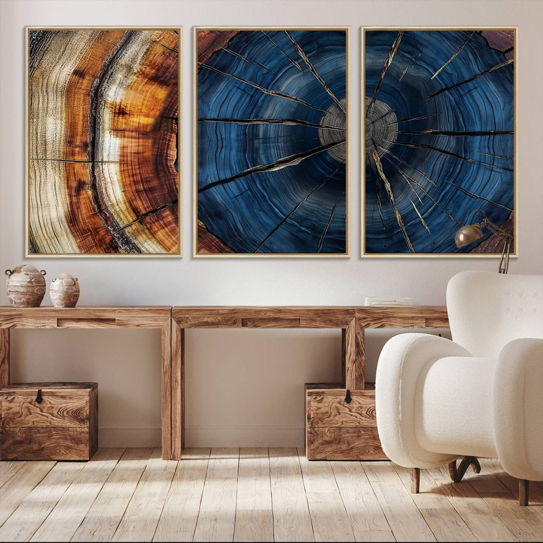 The Abstract Tree Rings Canvas Print features blue, brown, and orange rings that highlight wood grain and natures beauty.