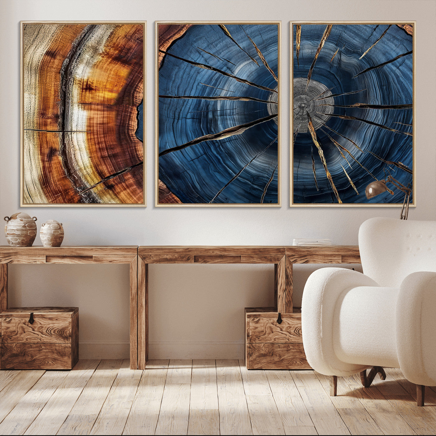 MGV-FC-60X30-3P - Framed Abstract Tree Ring Wall Art Print, Natural Rustic Wood Texture Canvas Print, Wood Tree Stump