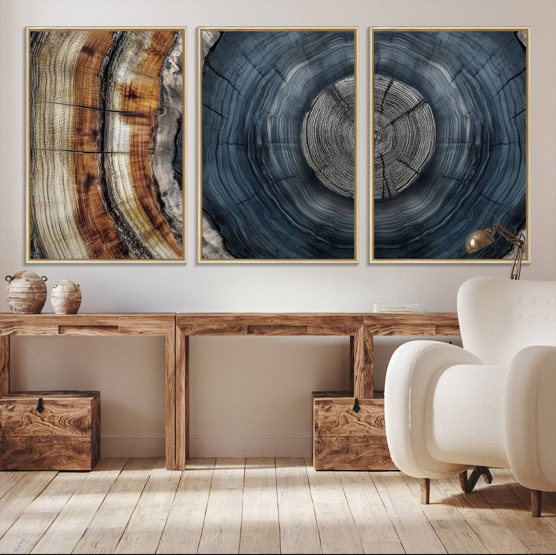 Close-up of the Abstract Tree Rings Wall Art Print featuring shades of blue, brown, and gray.