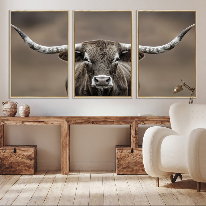 The Framed Texas Longhorn Bull Art Canvas Print adds timeless elegance to the serene setting.