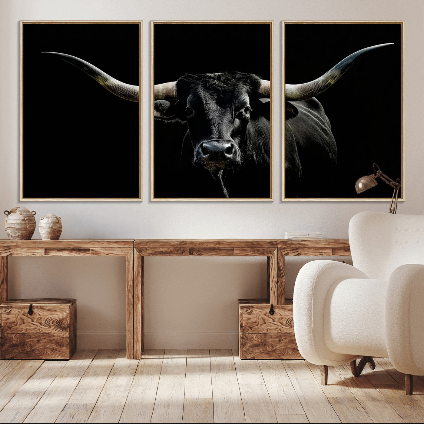 MGV-FC-60X30-3P - Texas Black Bull Wall Art Print, Longhorn Bull Canvas Wall Art