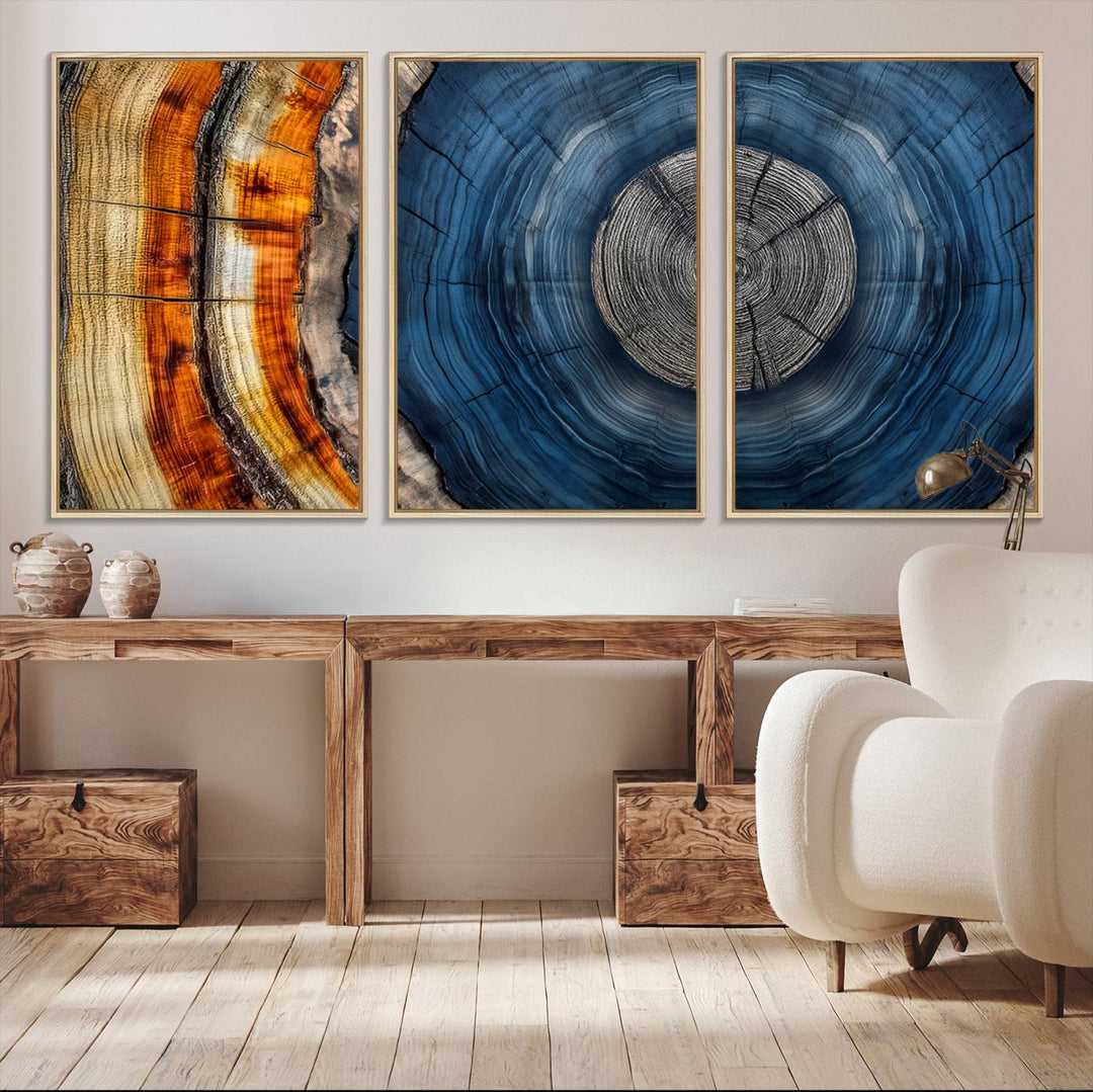 Vibrant Abstract Tree Rings in Orange, Brown, and Blue - Canvas Print for Nature Woodland Wall Decor.