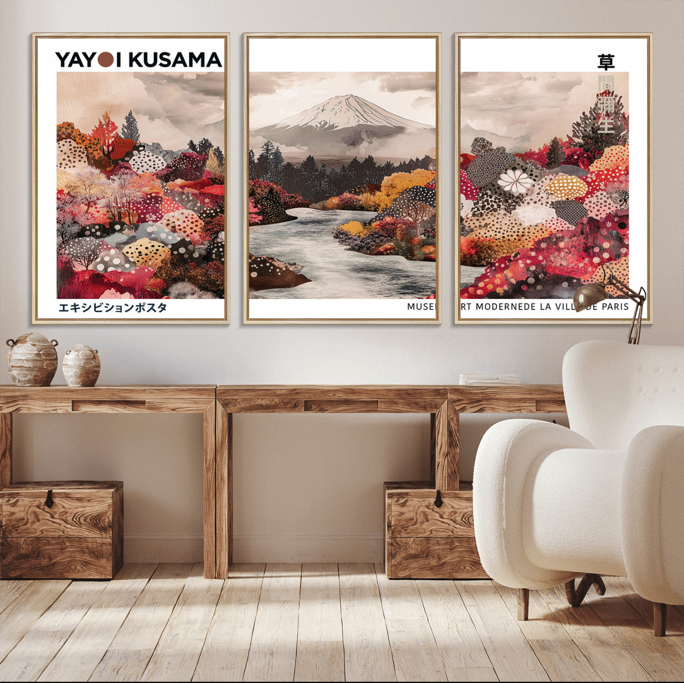 MGV-FC-60X30-3P - Yayoi Kusama Wall Art Canvas Print, Framed Large Abstract Art Picture Print, Kusama Polka Dot Perfect Minimalist Decor Artwork
