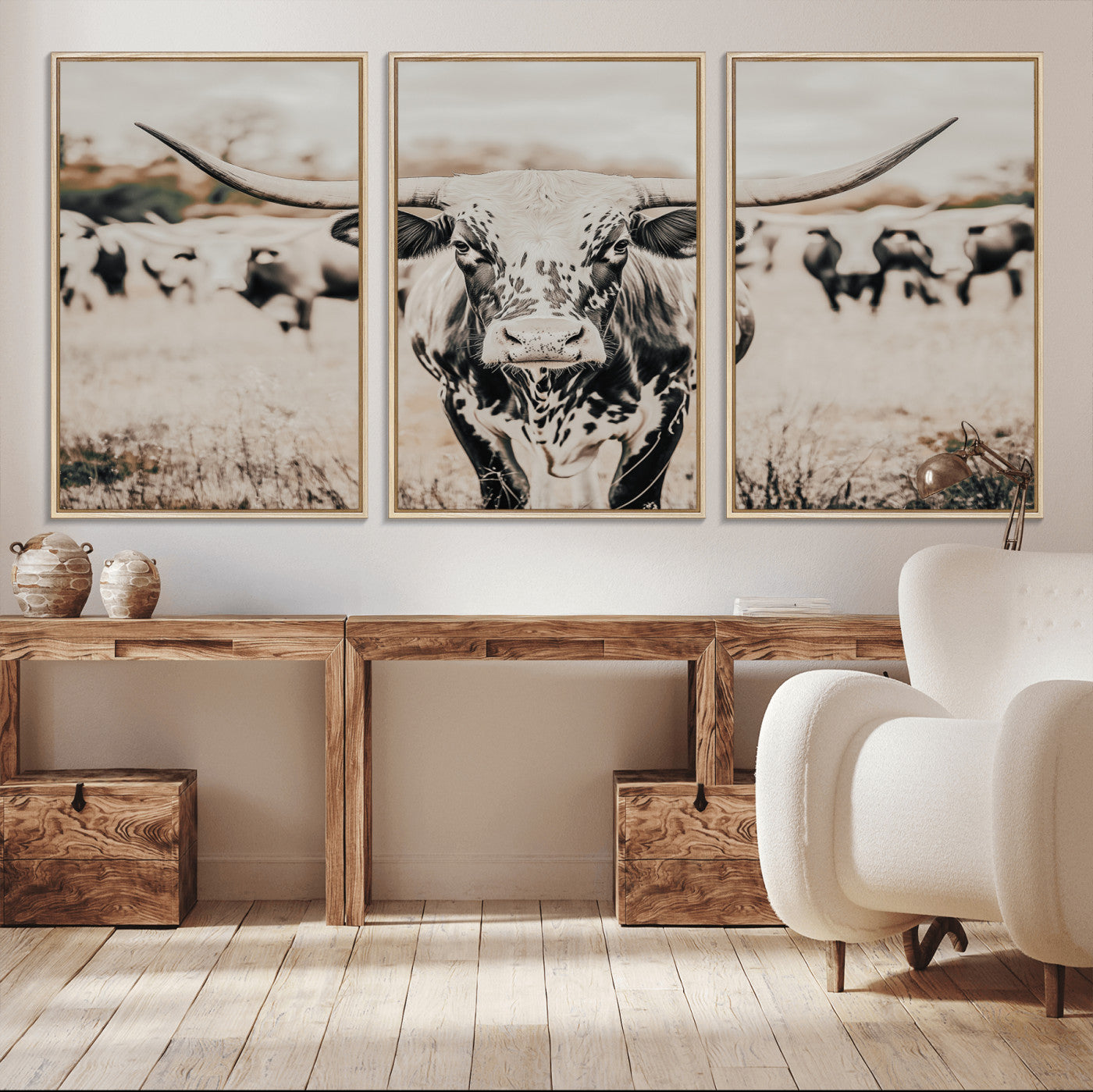 MGV-FC-60X30-3P - Texas Longhorn Wall Art Canvas Print, Framed Speckled Cow Art Picture Print, Horned Cattle Perfect Rustic Western Decor Artwork