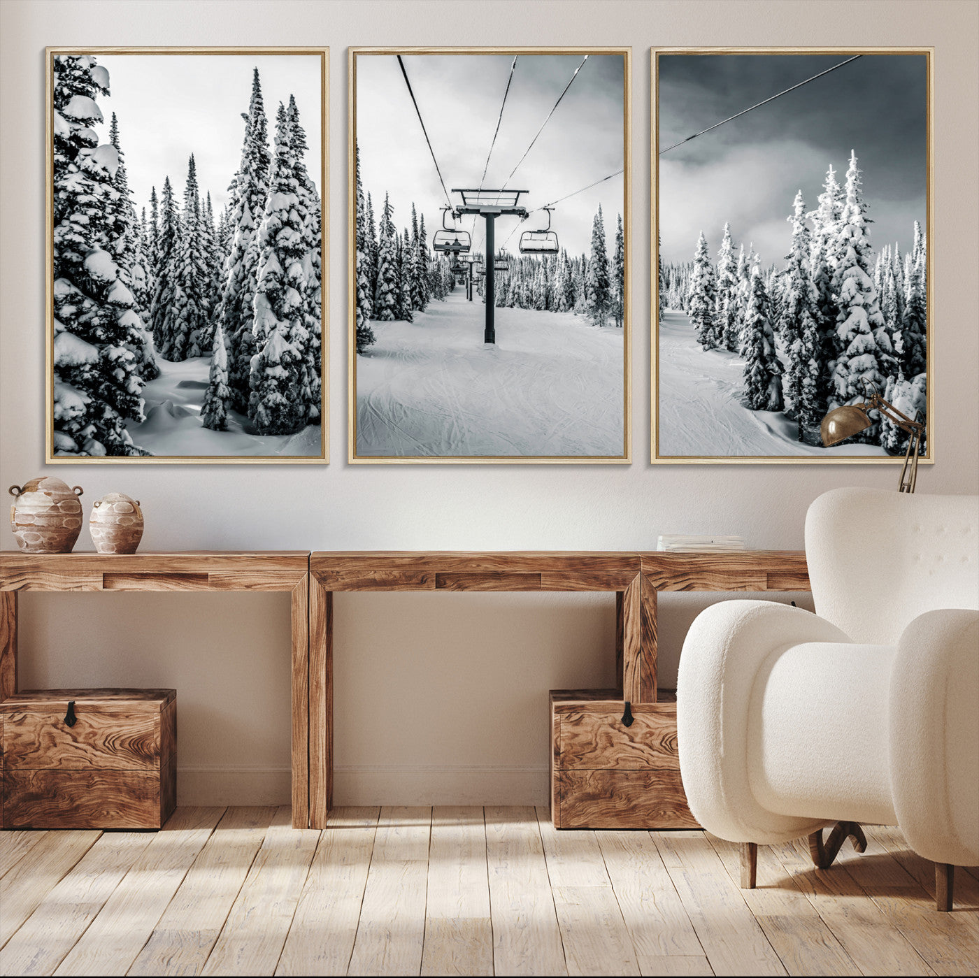 31156828-MGV-CV-36X24-Snowy Pines Wall Art Canvas Print, Framed Ski Lift Art Picture Print, Winter Forest Perfect Moody Lodge Decor, Ski Lift Wall Art Canvas