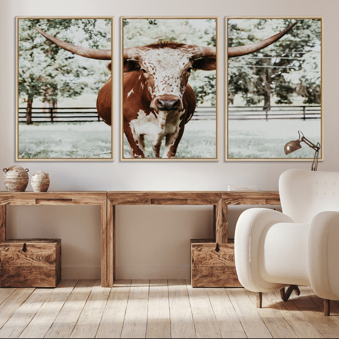 MGV-FC-60X30-3P - Texas Longhorn Wall Art Canvas Print, Framed Spotted Cow Art Picture Print, Horned Cattle Perfect Rustic Western Decor Artwork