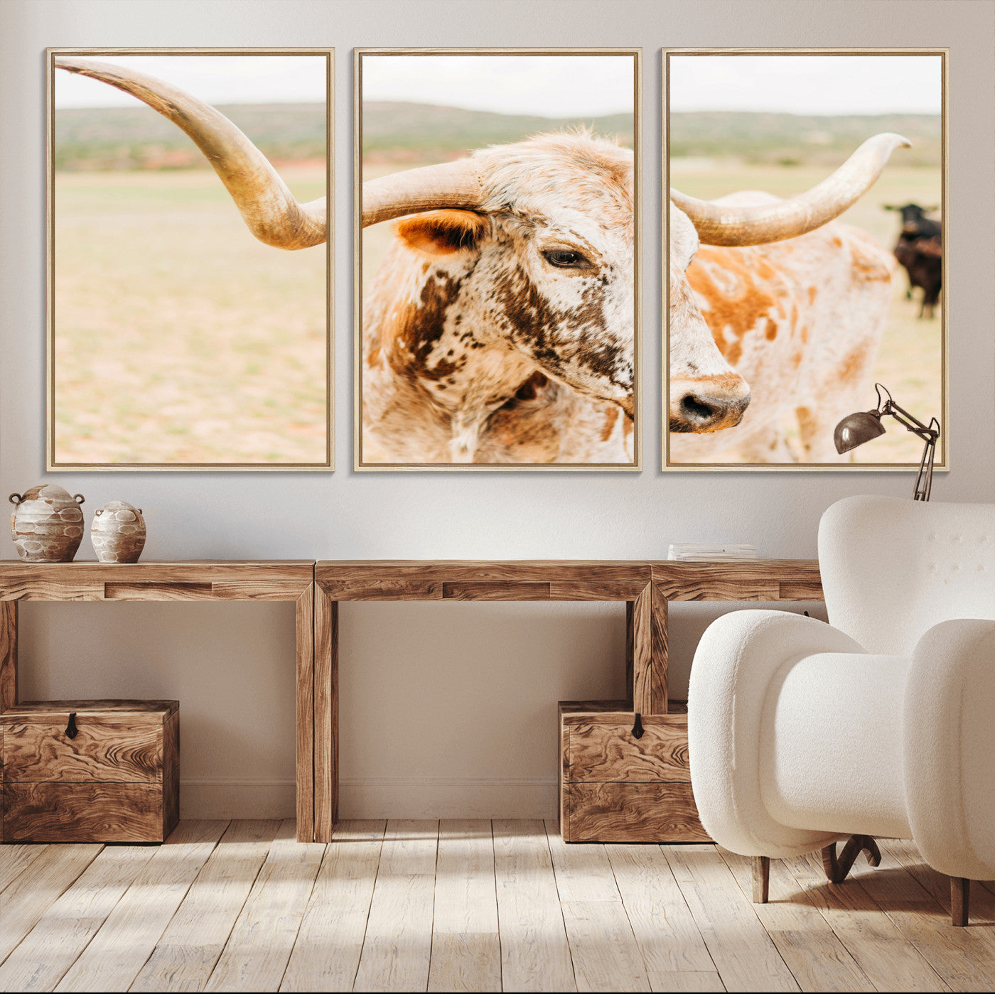 MGV-FC-60X30-3P - Texas Longhorn Wall Art Canvas Print, Framed Spotted Cow Art Picture Print, Horned Cattle Perfect Rustic Western Decor Artwork