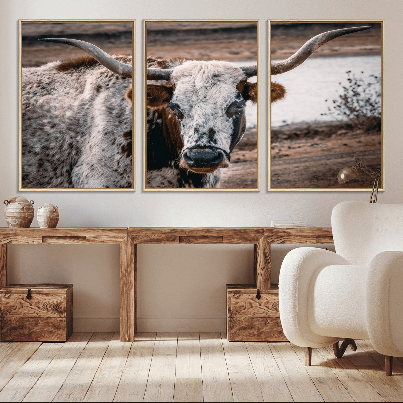 MGV-FC-60X30-3P - Texas Longhorn Wall Art Canvas Print, Framed Spotted Cow Art Picture Print, Horned Cattle Perfect Rustic Western Decor Artwork