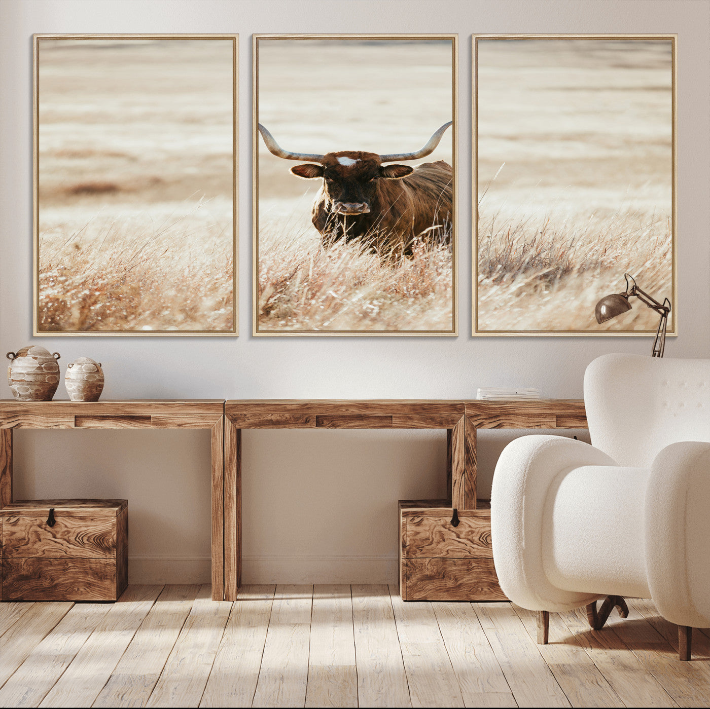 MGV-FC-60X30-3P - Texas Longhorn Wall Art Canvas Print, Framed Brown Cattle Art Picture Print, Horned Bull Perfect Rustic Western Decor Artwork