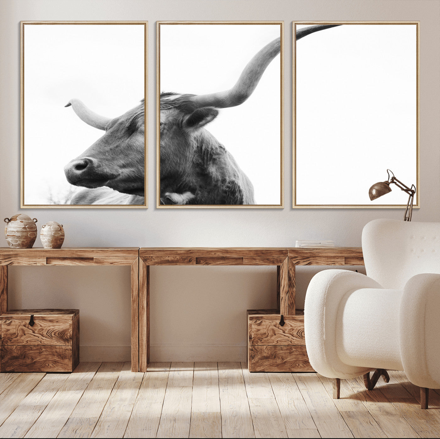 MGV-FC-60X30-3P - Longhorn Wall Art Wall Art Canvas Print, Framed Modern Ranch Style Art Art Picture Print, Monochrome Cow Print Perfect Rustic Western Decor Artwork