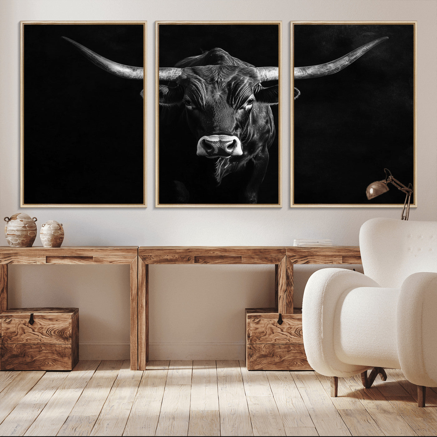 MGV-FC-60X30-3P - Texas Longhorn Wall Art Canvas Print, Framed Monochrome Bull Art Picture Print, Horned Bull Perfect Rustic Western Decor Artwork