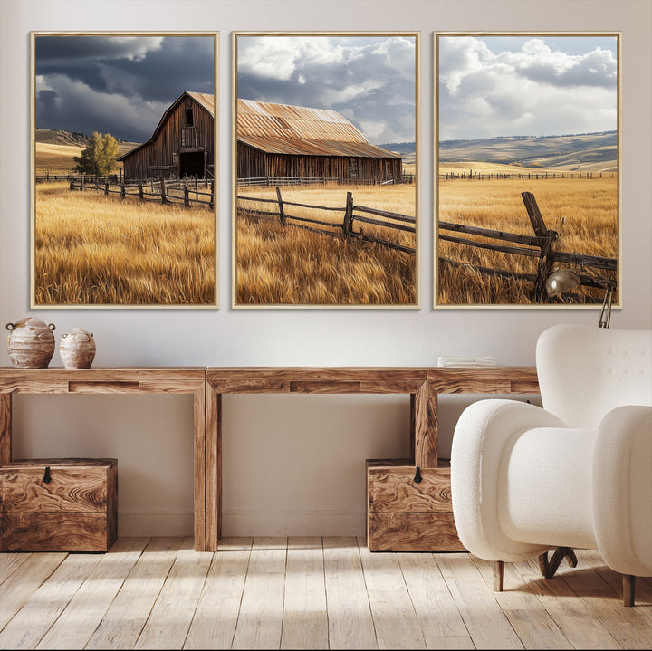Canvas of a weathered wooden barn in a golden field under a dramatic sky, perfect for rustic or farmhouse-style wall decor.