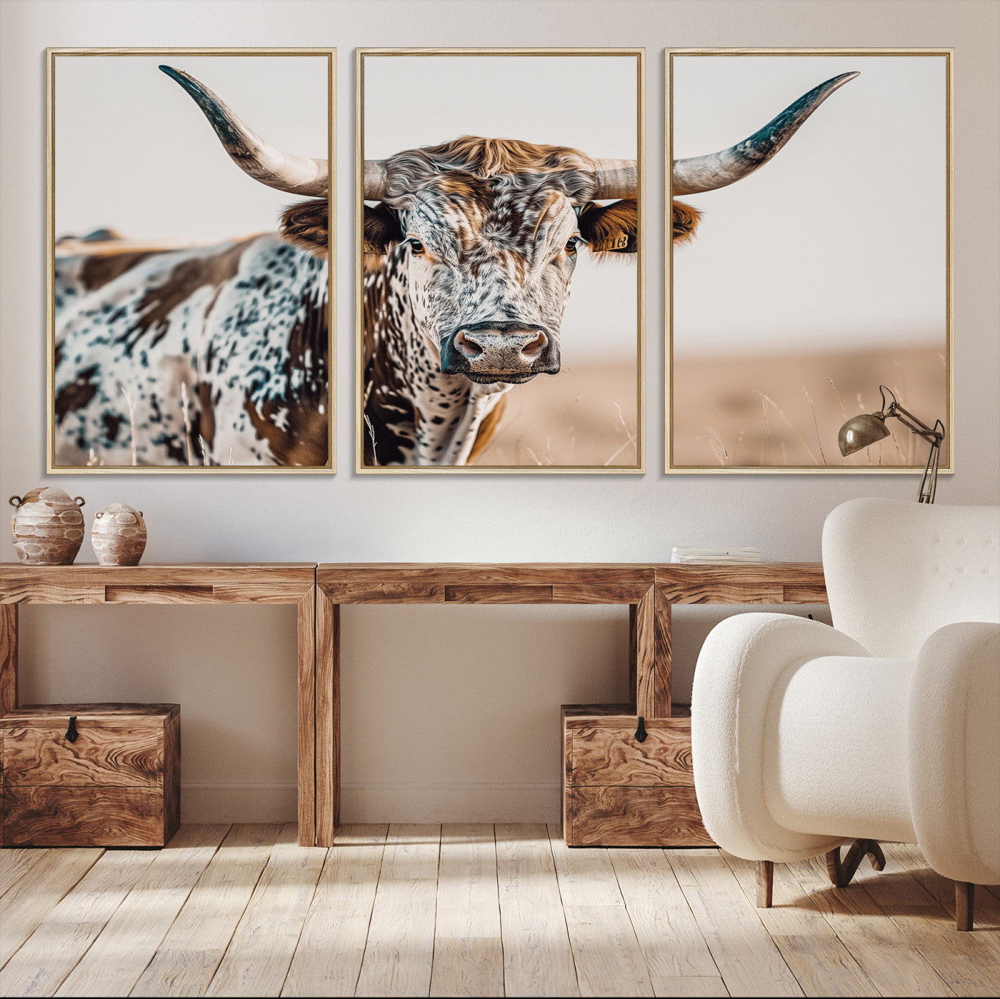 Canvas of a speckled Texas longhorn with wide curved horns and warm tones, perfect for rustic or country-style wall decor.