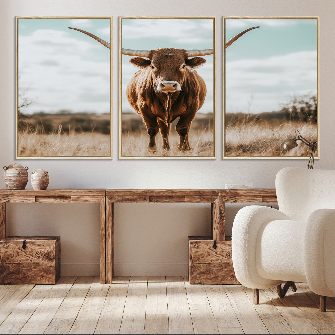 Texas Longhorn standing in a golden prairie under soft skies, ideal for rustic or western-style decor with warm natural tones.