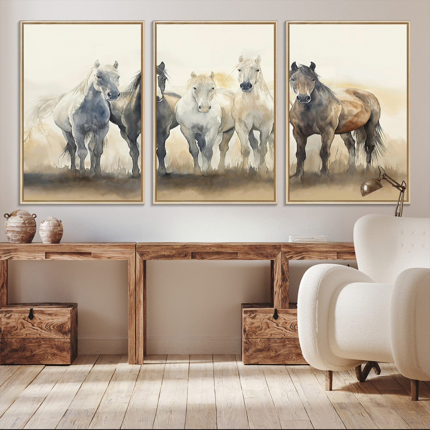 Watercolor illustration of five wild horses in soft neutral tones, perfect for rustic or western-style home decor with a calming natural vibe.