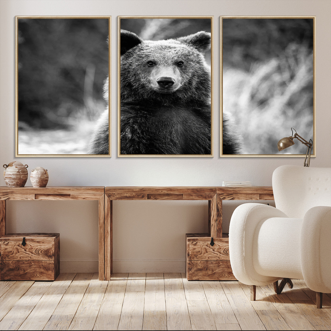 Black and white portrait of a grizzly bear with sharp detail and intense gaze, ideal for neutral-toned wildlife or rustic nature decor.