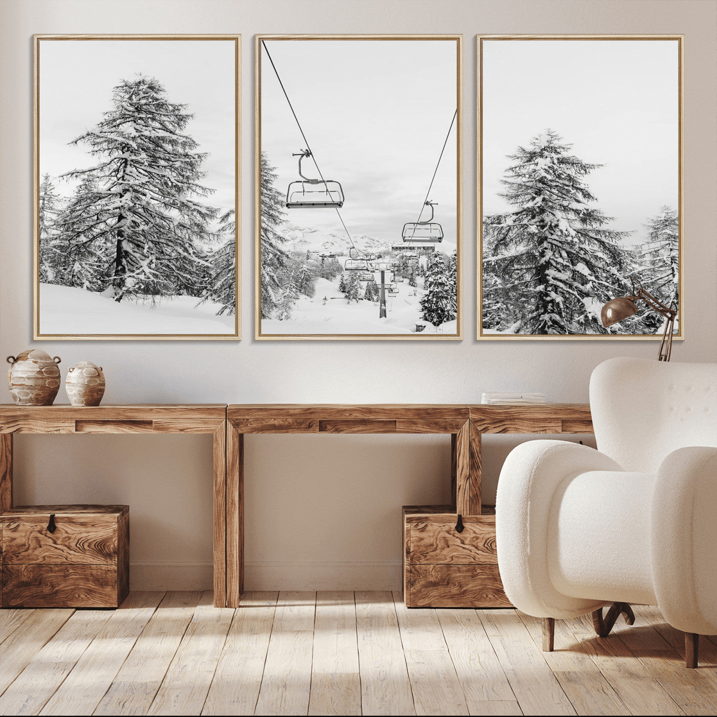 55003599-MGV-CV-36X24-Snowy Ski Lift Wall Art – Framed Winter Forest Canvas Artwork, Peaceful Mountain Design, Modern Nature Decor for Home, Office