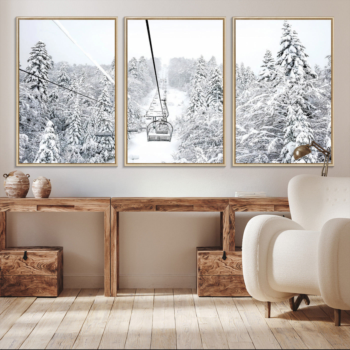 Snowy mountain landscape with a ski lift and snow-covered trees, ideal for winter-themed home decor. Perfect for modern, minimalist interiors.