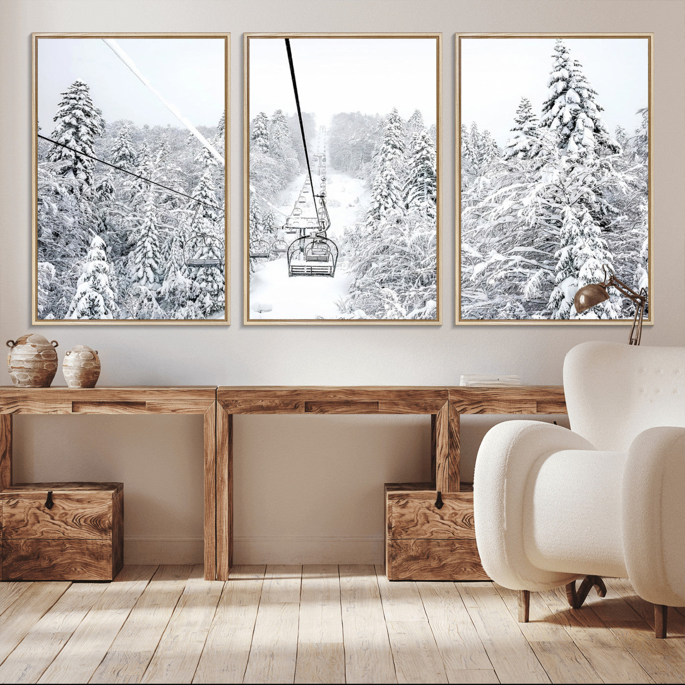 60296839-MGV-CV-36X24-Snowy Mountains Wall Art Canvas Print – Framed Ski Lift Winter Forest Alpine Landscape Nature Artwork for Home Office