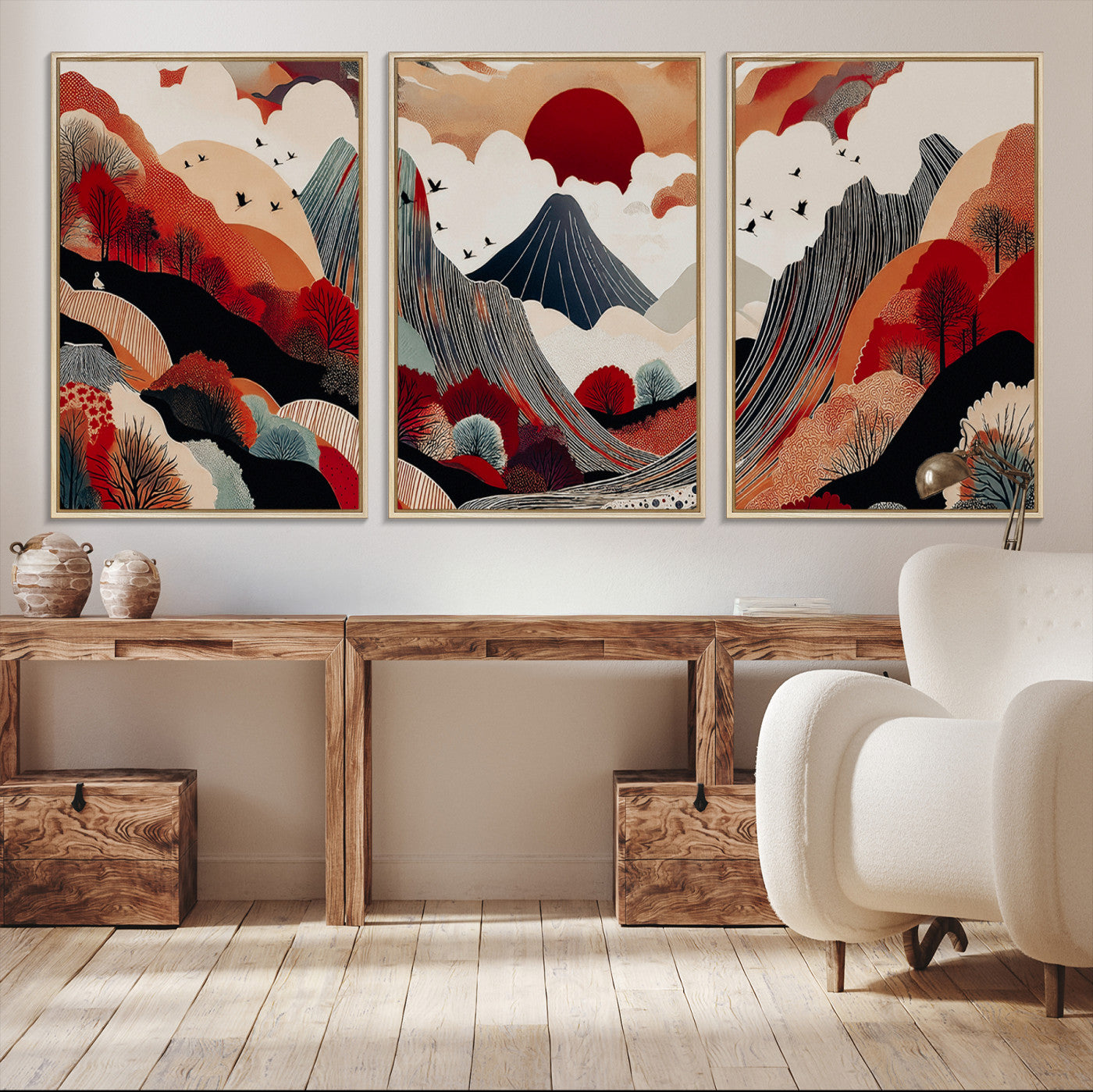 49034575-MGV-CV-60X30-3P-Abstract Mountain Wall Art Canvas Print, Framed Vibrant Landscape Art Picture Print, Stylized Nature Drawing Perfect Contemporary Minimalist