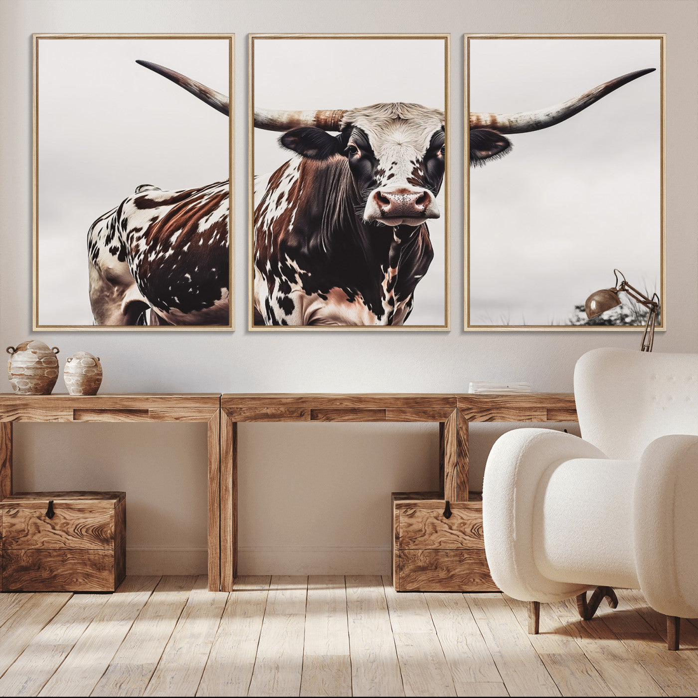 Close-up of a Texas Longhorn bull with powerful horns, perfect for rustic farmhouse or country-themed home decor. Ideal for animal lovers.